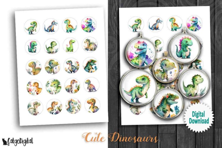 Printable Cute Dinosaurs circle Digital Collage Sheets