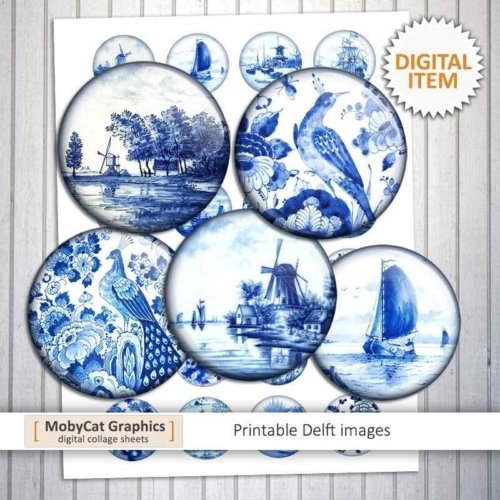Printable Delft Circle Images Digital Collage Sheet
