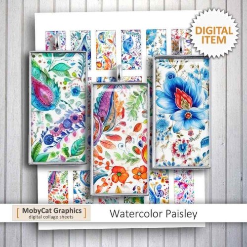 Printable Watercolor Paisley Dominos Digital Collage Sheet