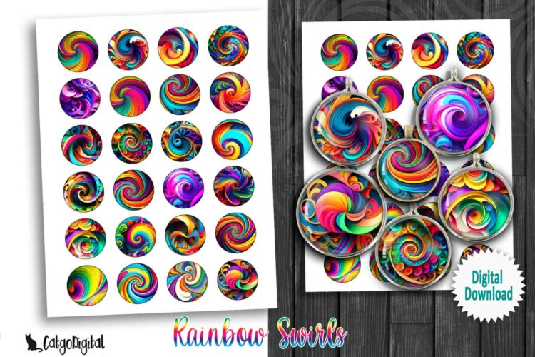 Rainbow Swirls Printable Circles Digital Collage Sheets
