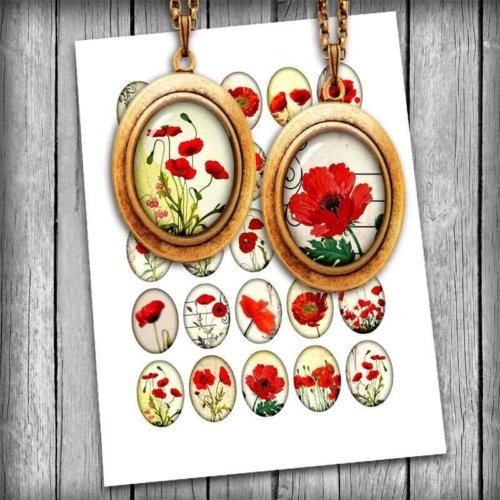 Red Poppies Oval Images Digital Collage Sheet