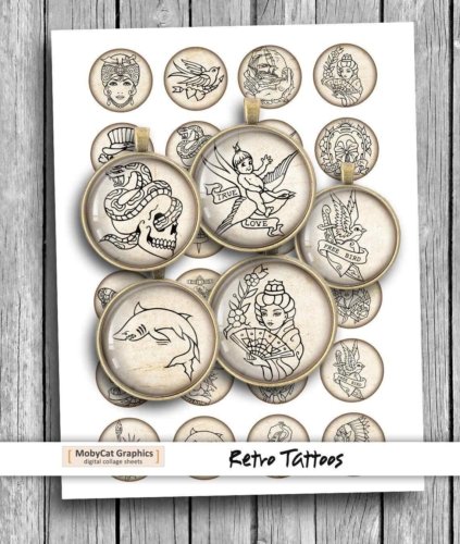 Retro Tattoos Printable Circle Cabochon