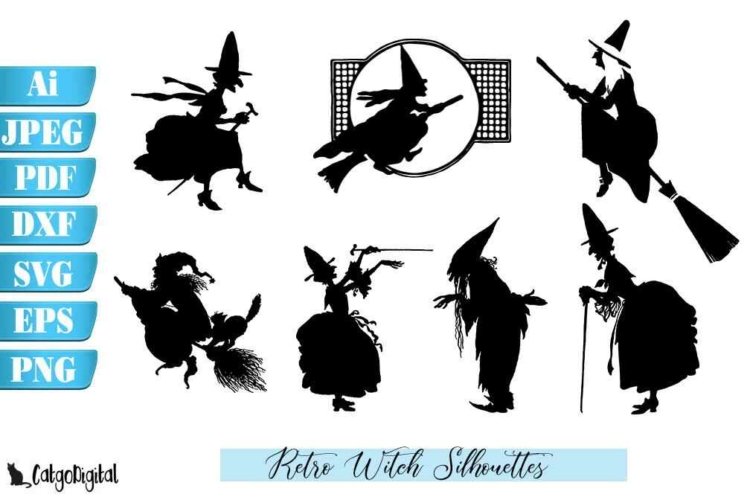 Retro Witch Silhouettes SVG PNG JPG