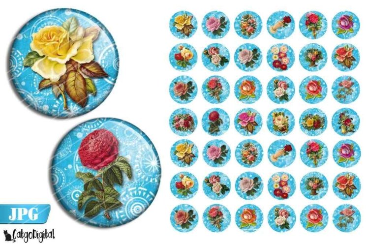 Romantic Flowers Bottle cap images Digital Collage sheet