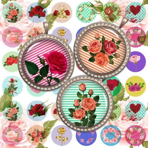 Romantic Roses Circles Vintage Roses Images Collage Sheets