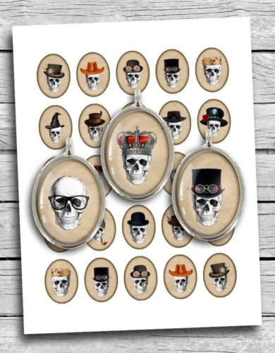 Skulls in Hats Ovals Digital Collage Sheet