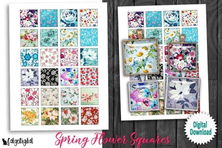 Spring Flowers Printable squares Digitial Collage Sheet