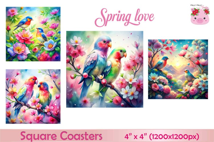 Birds Love Spring Nature Square Coasters