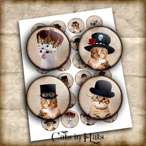 Steampunk Cats in Hats Digital Collage Sheet