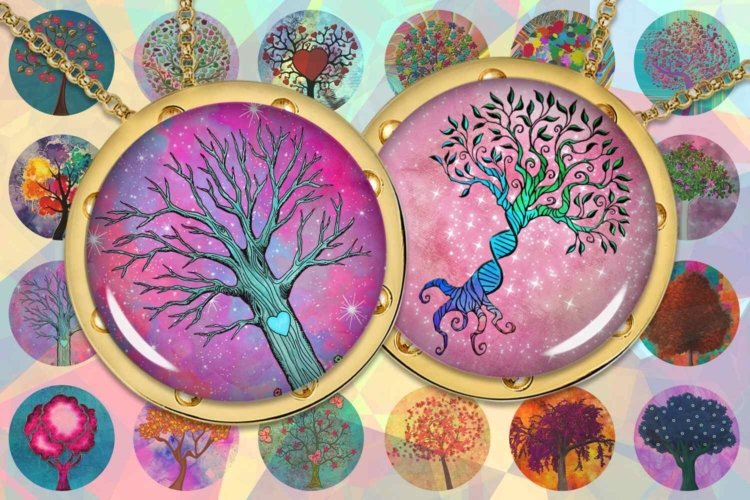 Tree of Life Collage Sheet Colorful Trees for Prints