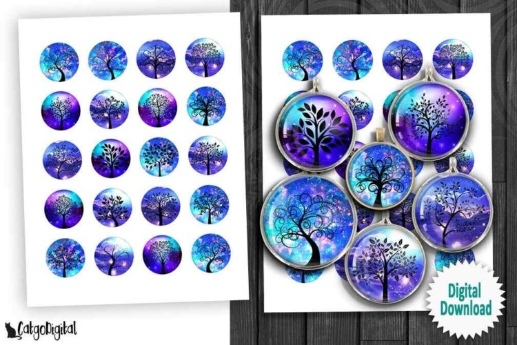 Tree of Life Digital Collage Sheet Tree Silhouettes in Blue