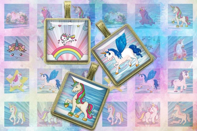 Unicorn Digital Collage Sheet Square Images For Jewelry