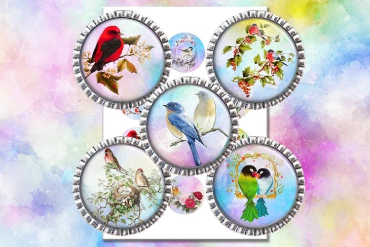 Vintage Birds Circle Images Watercolor Birds Collage Sheet
