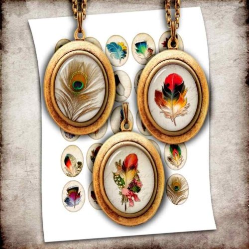 Vintage Feathers Digital Collage Sheet Ovals