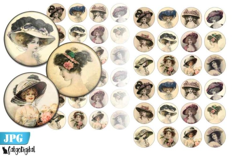 Vintage Ladies Printable Bottle cap images Round images