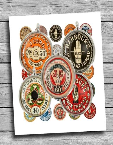 Vintage Spool Thread Labels Oval Digital Collage Sheet