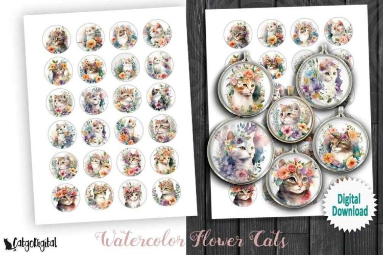 Watercolor Flower Cats Digital Collage Sheets