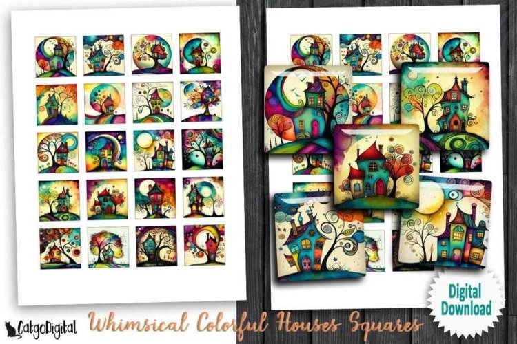 Whimsical Colorful Houses Digital collage sheets