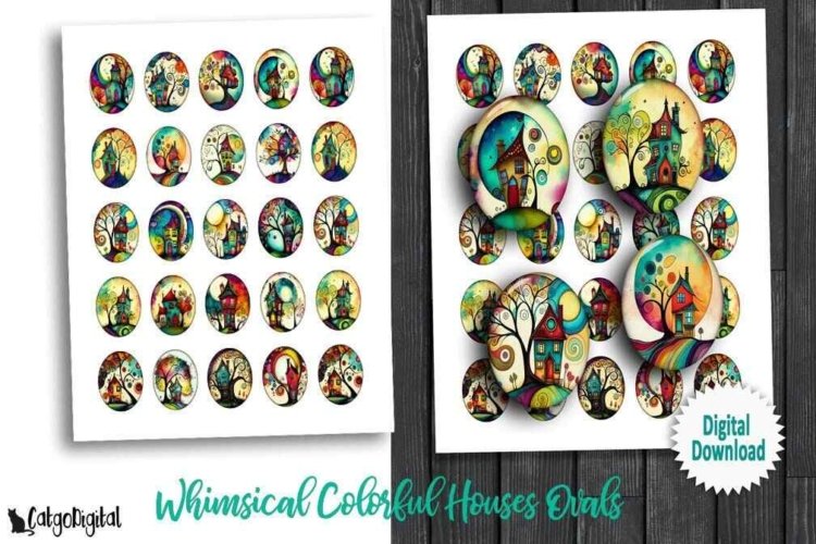 Whimsical Colorful Houses Ovals Digital Collage Sheet