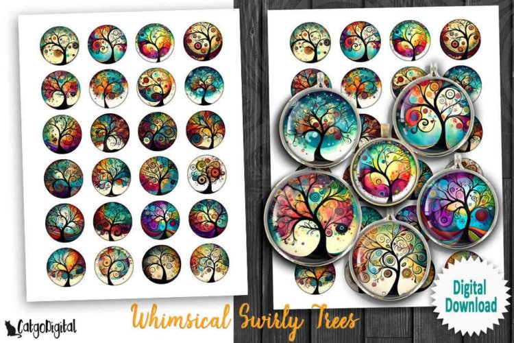 Whimsical Swirly Trees circle Digital Collage Sheets