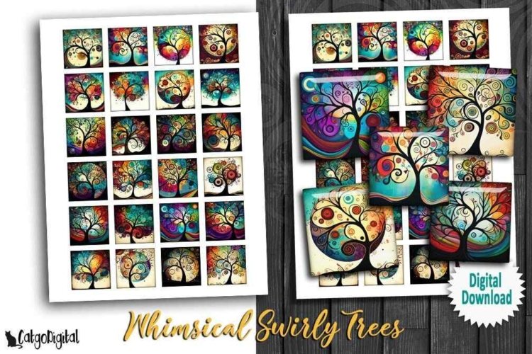 Whimsical Swirly Trees printable squares Digital collage she
