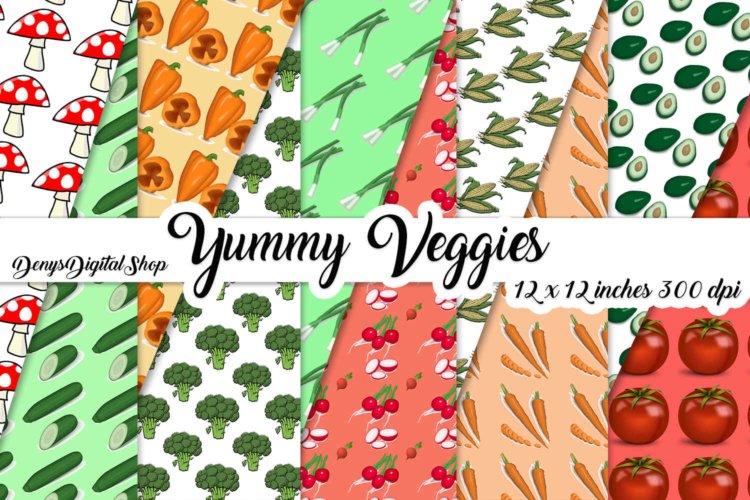 Yummy Veggies Digital Paper Pack Carrot Mushroom Cards