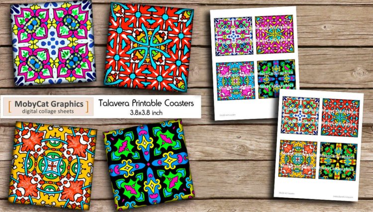 Talavera Printable Coasters Digital Collage Sheet